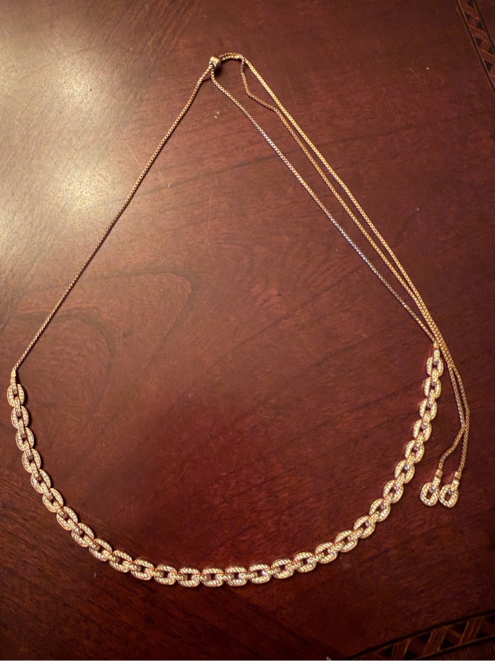 Henri Bendel Pave Crystal Rose Gold Chain Link Adjustable Slider Necklace Signed